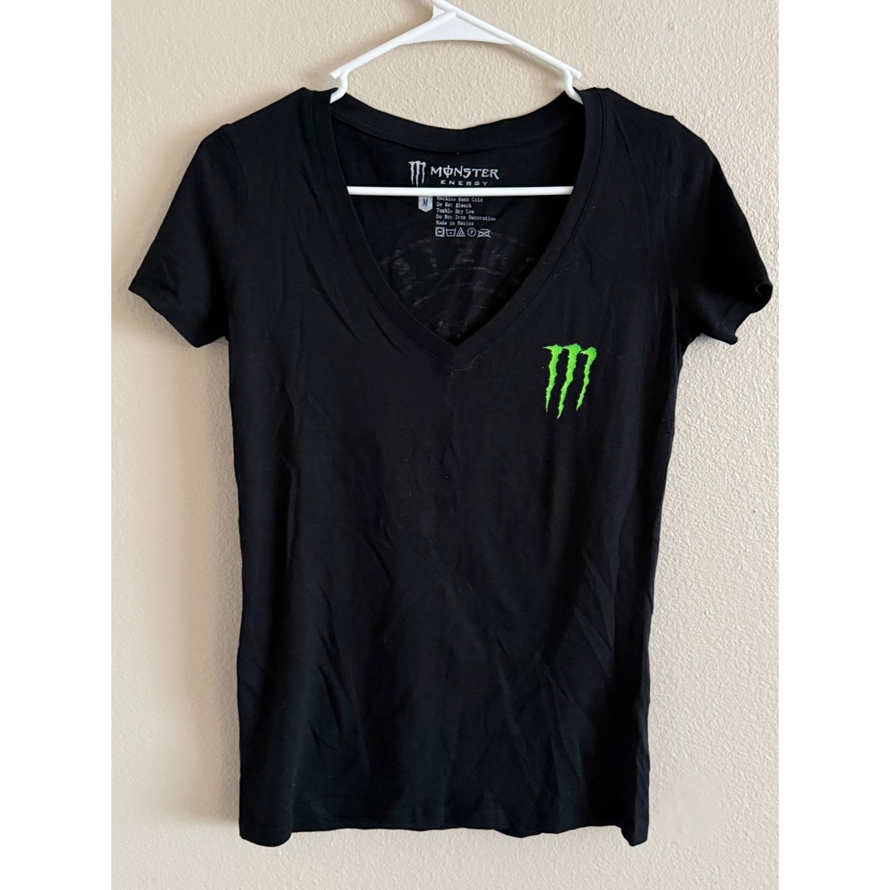 Monster Energy Womens Black V-Neck Graphic T-Shirt Skull Logo Medium